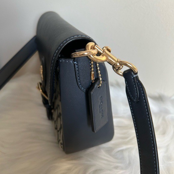 Coach Amelia Saddle Bag Navy Blue Signature Canvas Leather Crossbody C3593