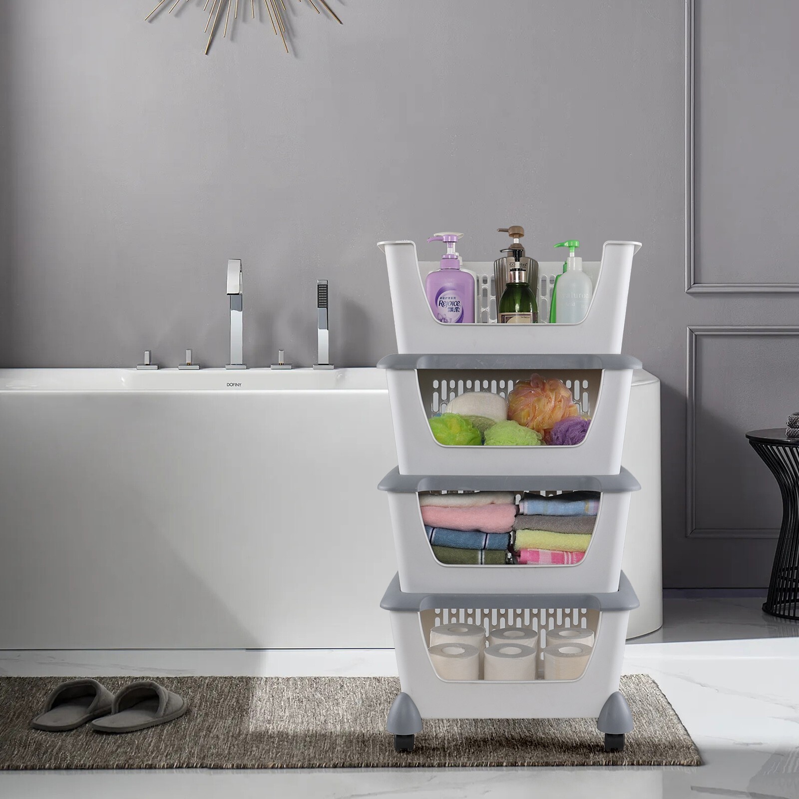 Idotry 5pcs Plastic Stackable Storage Bins - Gray Large Storage Basket w/ Wheels