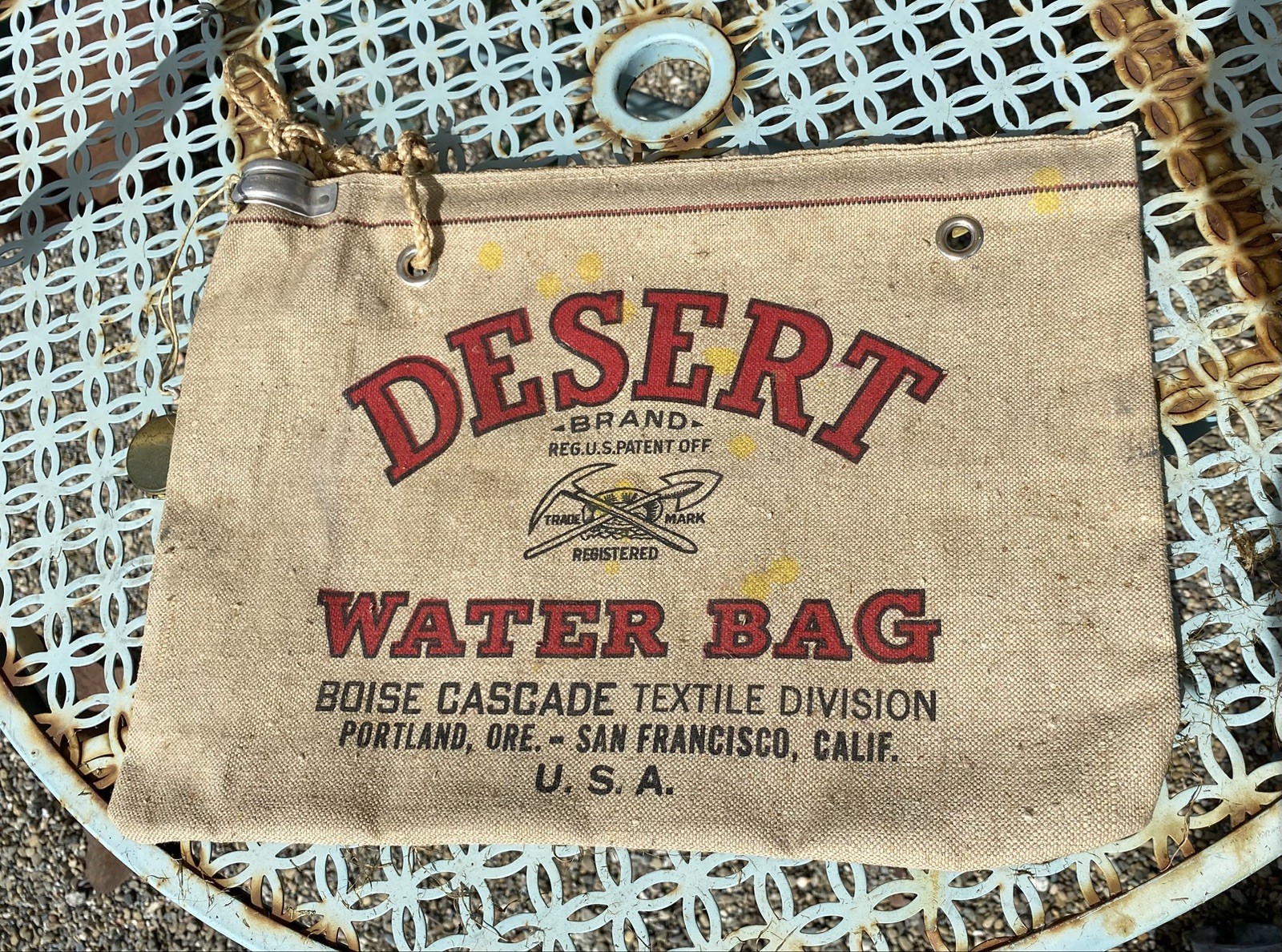 Vtg Desert Brand Canvas Water Bag USA Made San Francisco CA, Boise Cascade