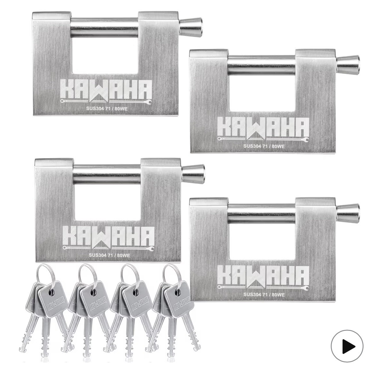 71/80-4PS Stainless Steel D Padlock w/ SS Keys, 3-1/8”, Keyed Alike, 4-Pack