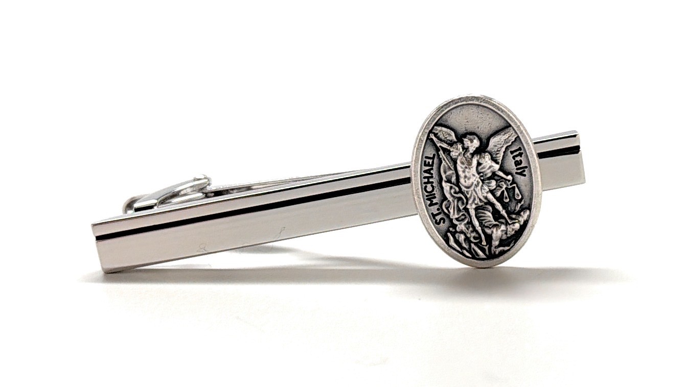 Saint Michael Silver Tie Clip Archangel Michael Religious Tie Bar for Men Italy
