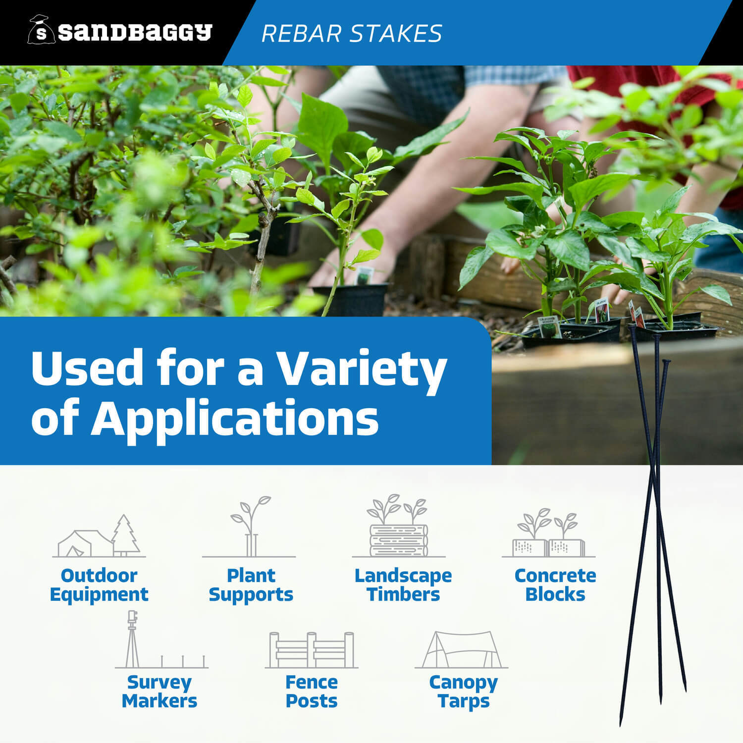 Sandbaggy 48" Steel Rebar Stakes with Nail Head - Garden Stakes (#4 Rebar)