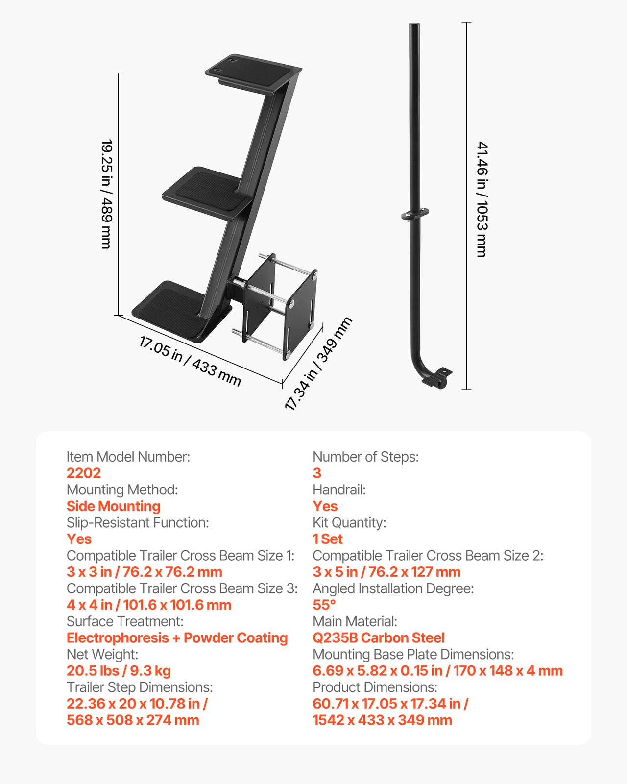 VEVOR Boat Trailer Steps Heavy Duty Boat Steps with Handle 3 Step Side Mount