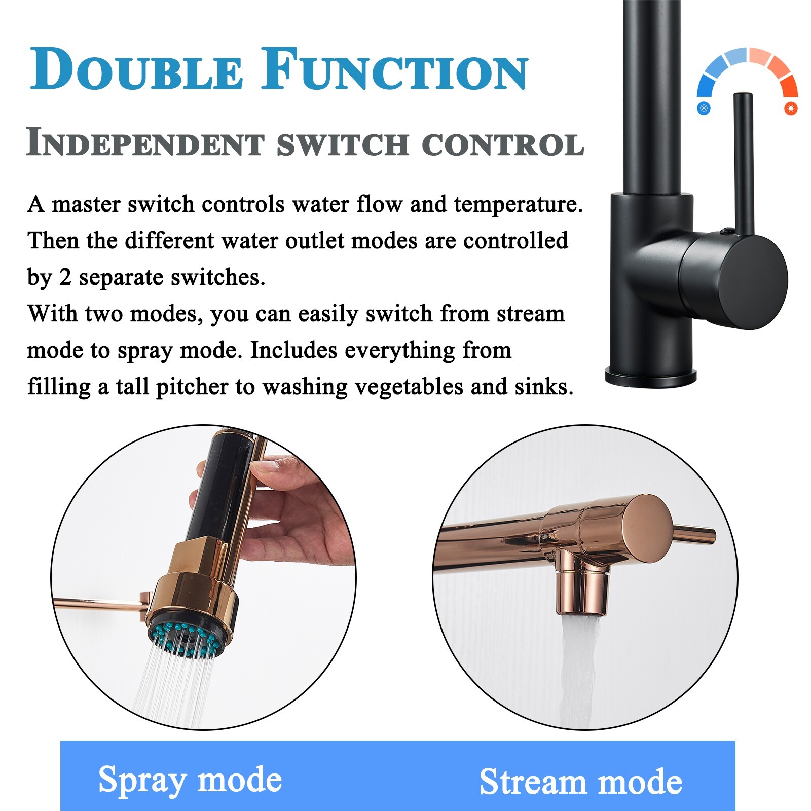 Black Rose Gold Kitchen Faucet Pull Down Sprayer Swivel Single Handle Sink Mixer