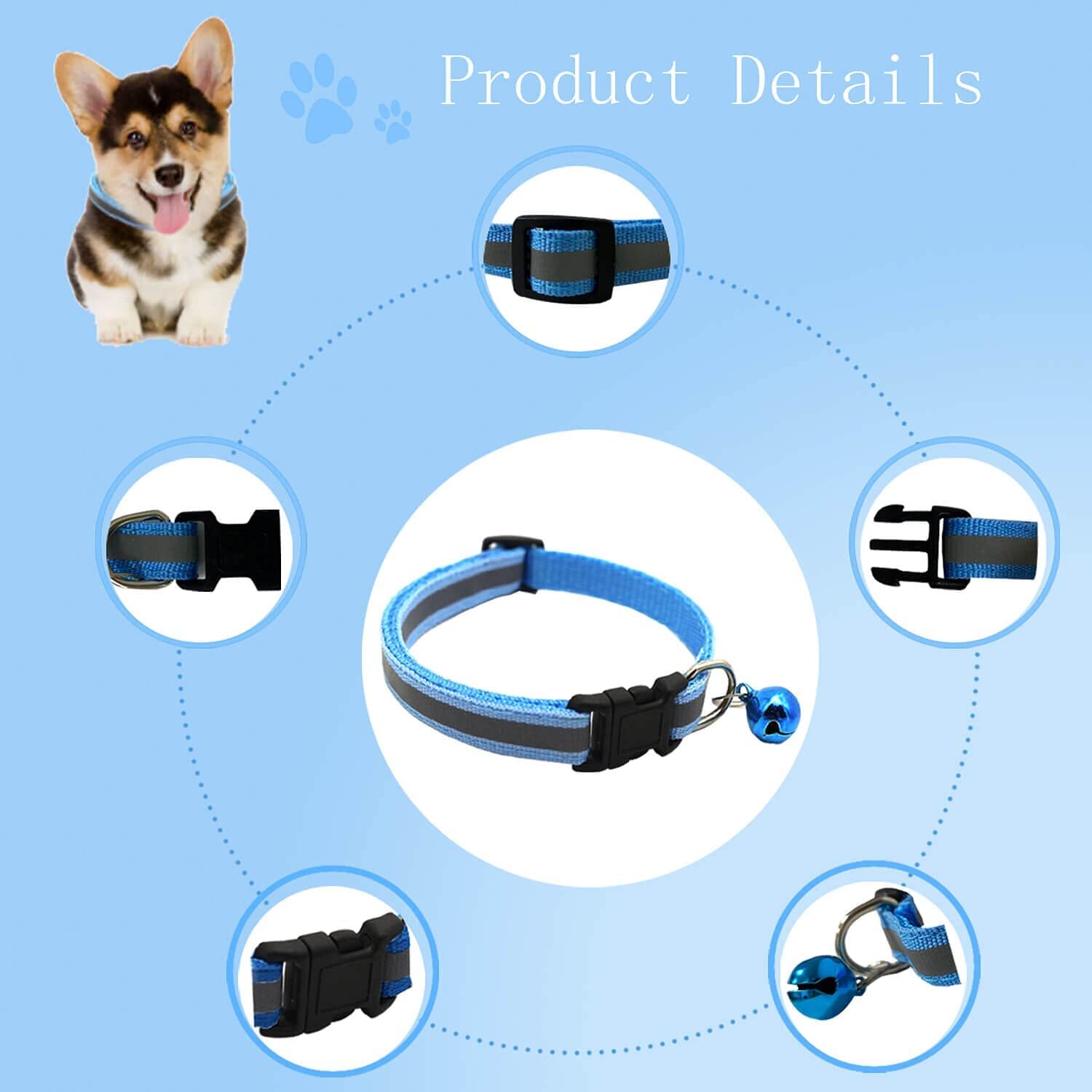 5PCS Reflective Nylon Collar With Bell Cat kitten Small Dog Puppy Pet Adjustable