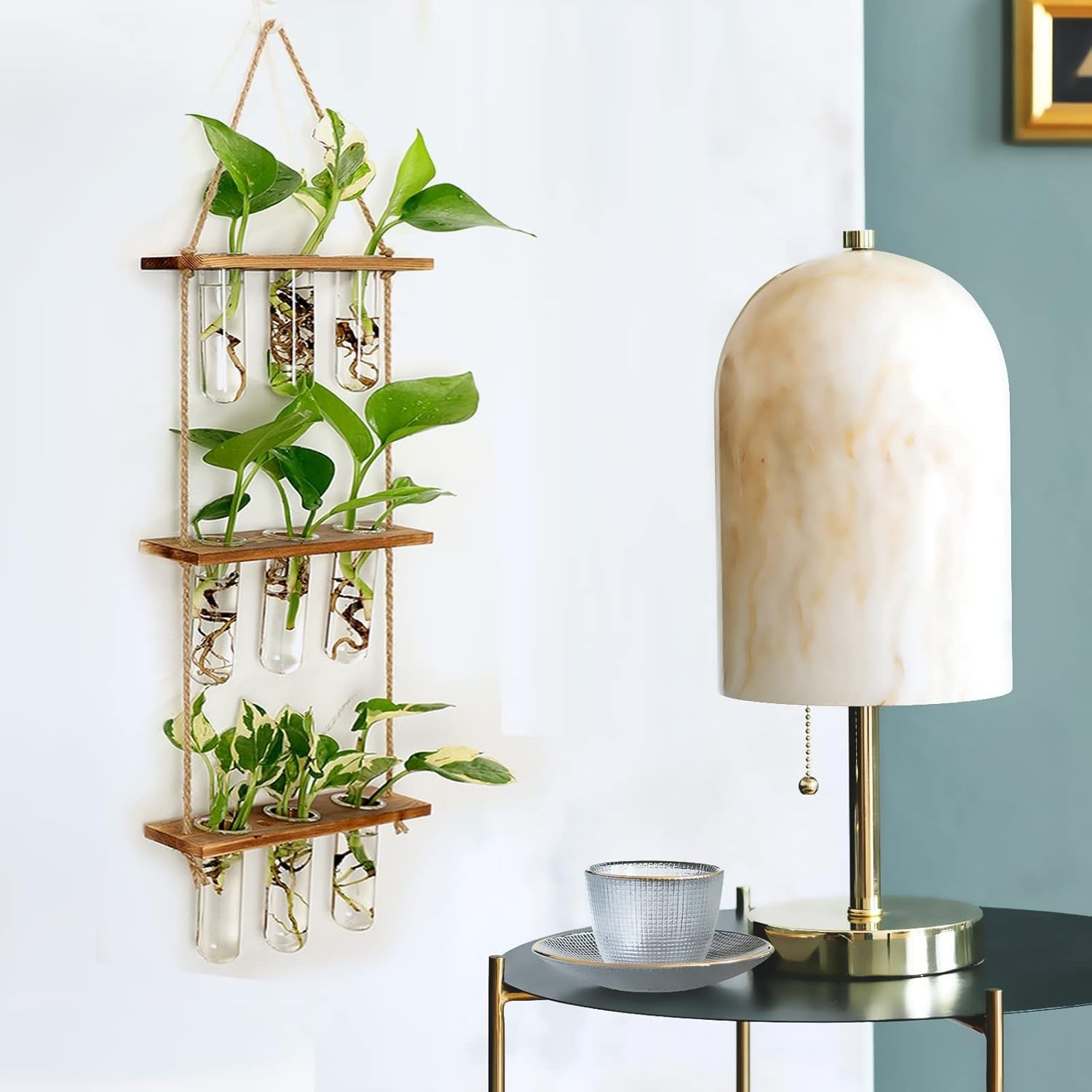 Wall Hanging Propagation Station with Wooden Stand Glass Tubes Tiered Plante...