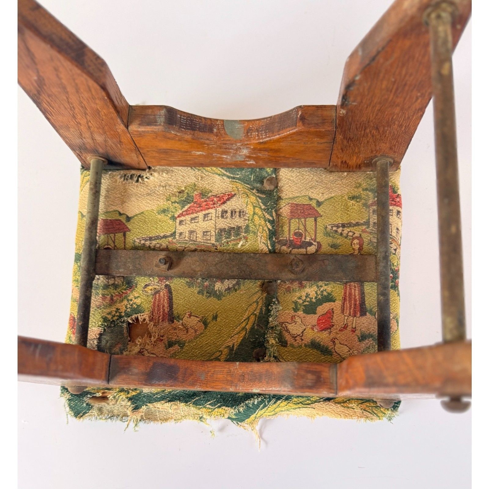 Antique Loose Leaf Footstool with Equestrian Tapestry