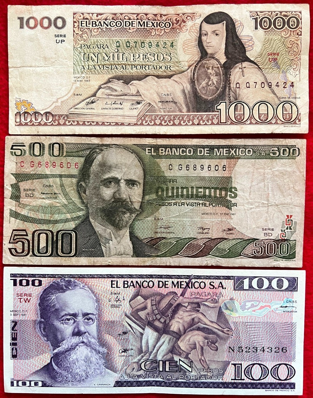 LOT of 10 MEXICO PESO BANKNOTES SERIES 1, 5,10,20,50,100,500,1000 BDM MEXICO ABN