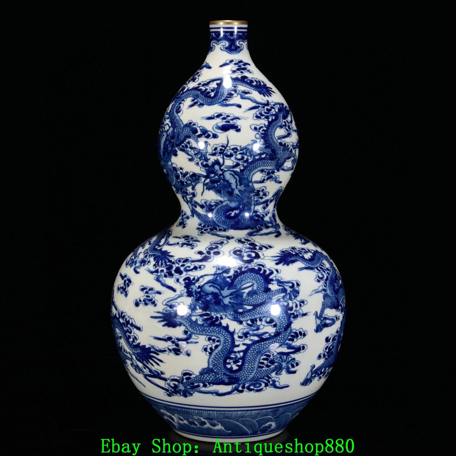 16.5''Yongzheng Blue White Porcelain Gold Dragon Beast Gourd Bottle Vase Pair
