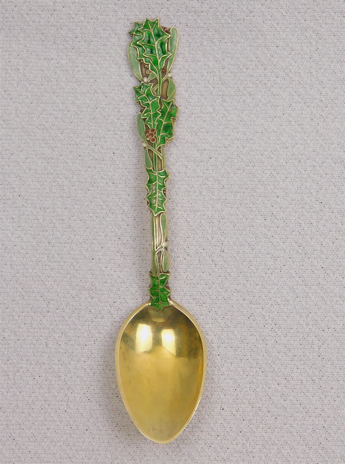 Antique Art Nouveau Sterling Silver Holly Berry Enamel Handle Spoon
