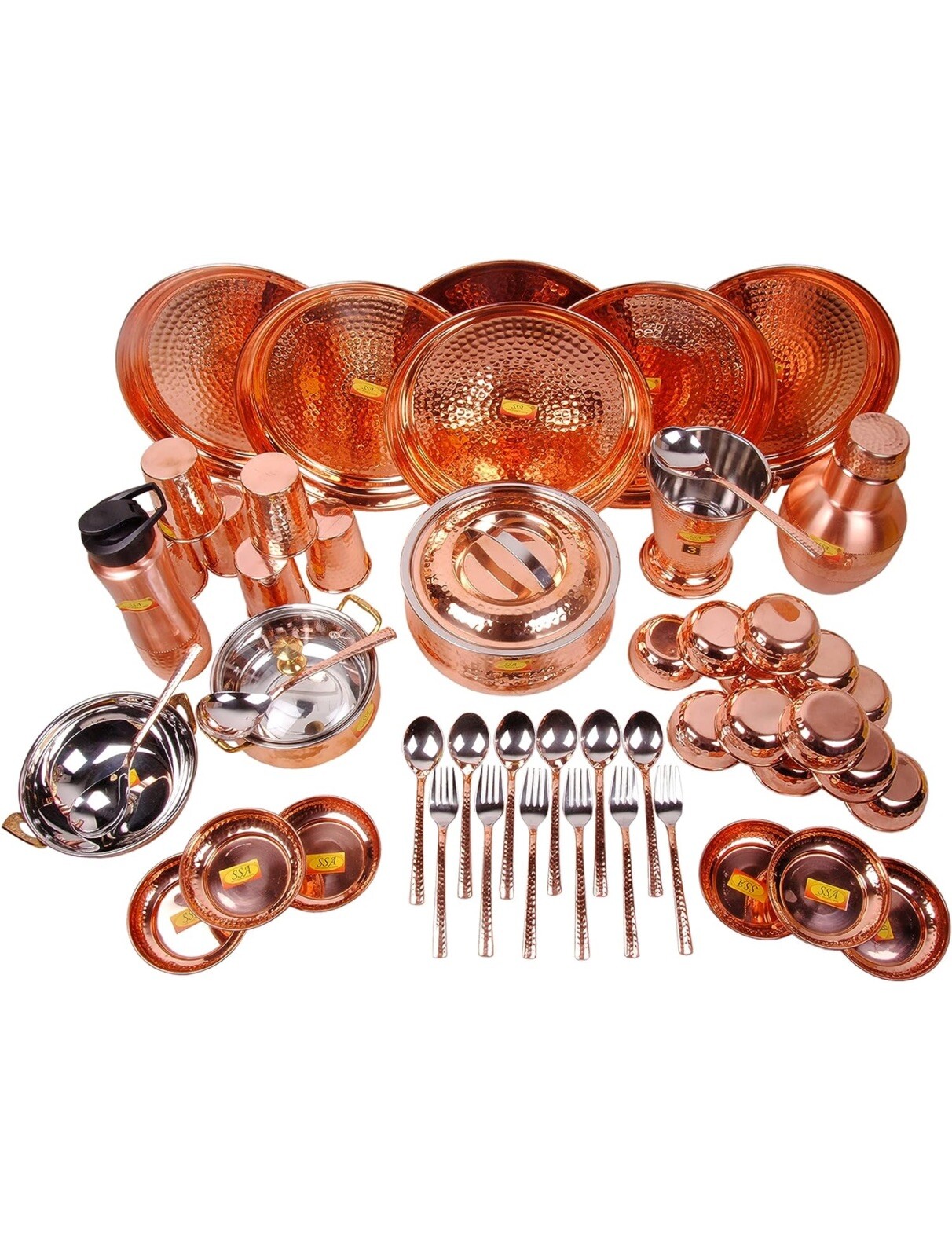 Pure Copper Solid Dinner Set- 51 Pieces- Designer- (Hammered, Brown)