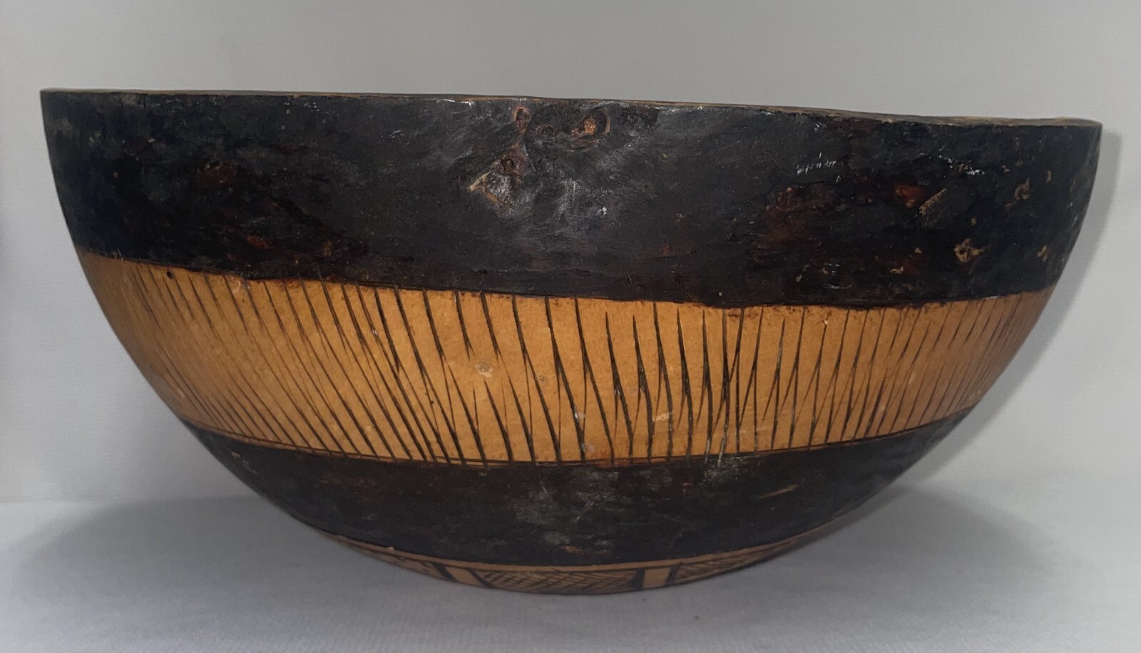 Vintage Large African Carved Gourd With Fish Bird And Scorpion Motif -Bowl