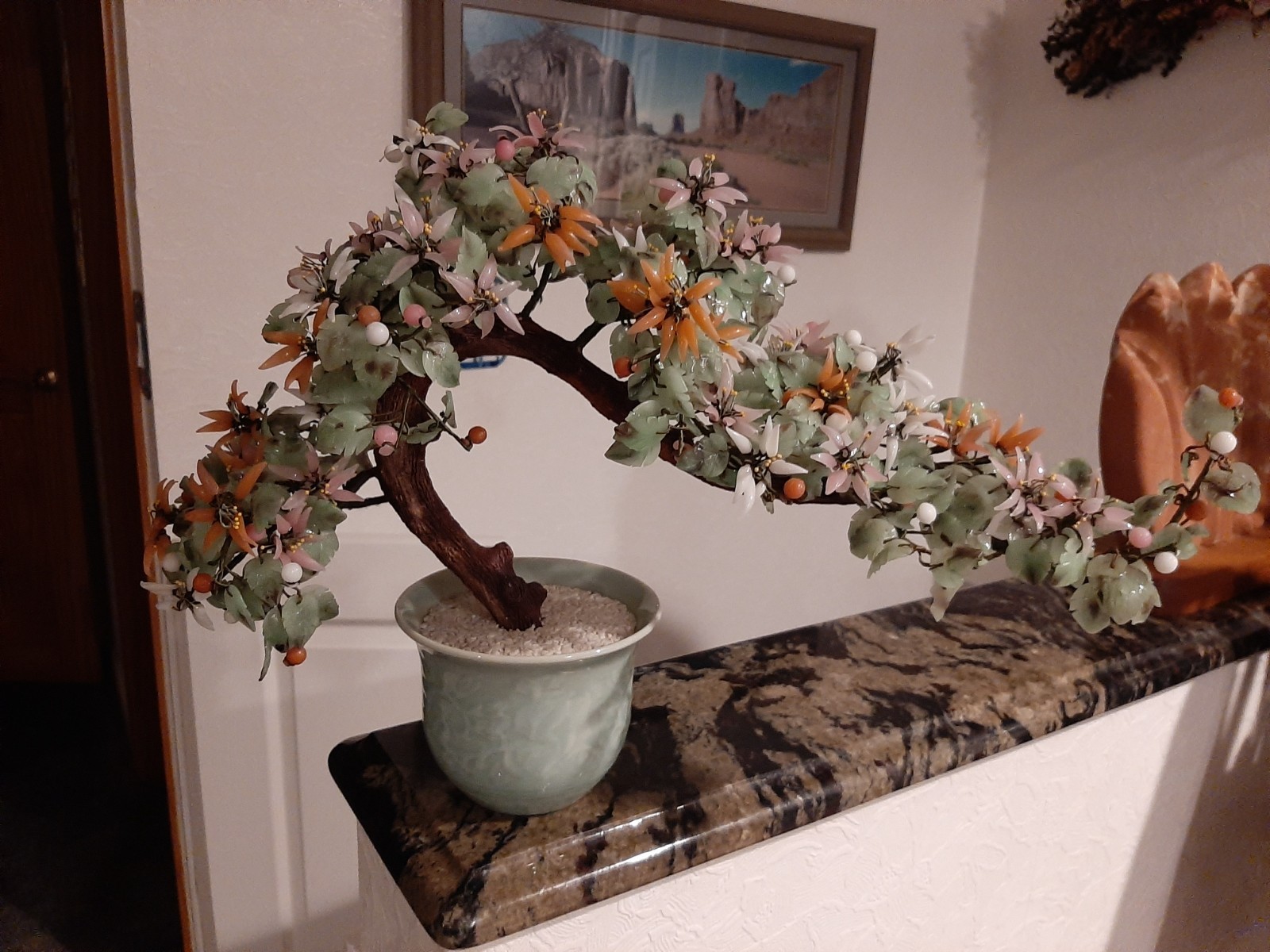 Vintage Chinese Glass Jade Quartz Bonsai Flower Tree In Celadon Pot