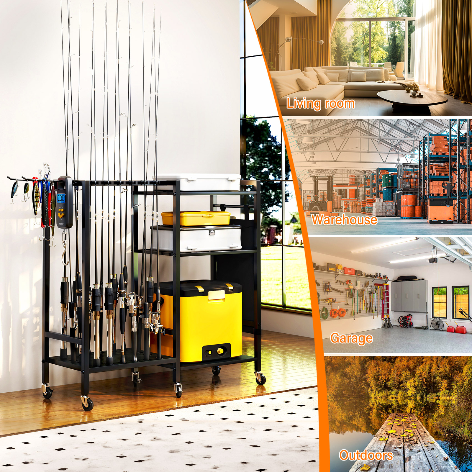 TC-HOMENY 16Rod Fishing Rod Holder Rack Fishing Gear Equipment Tackle Organizer