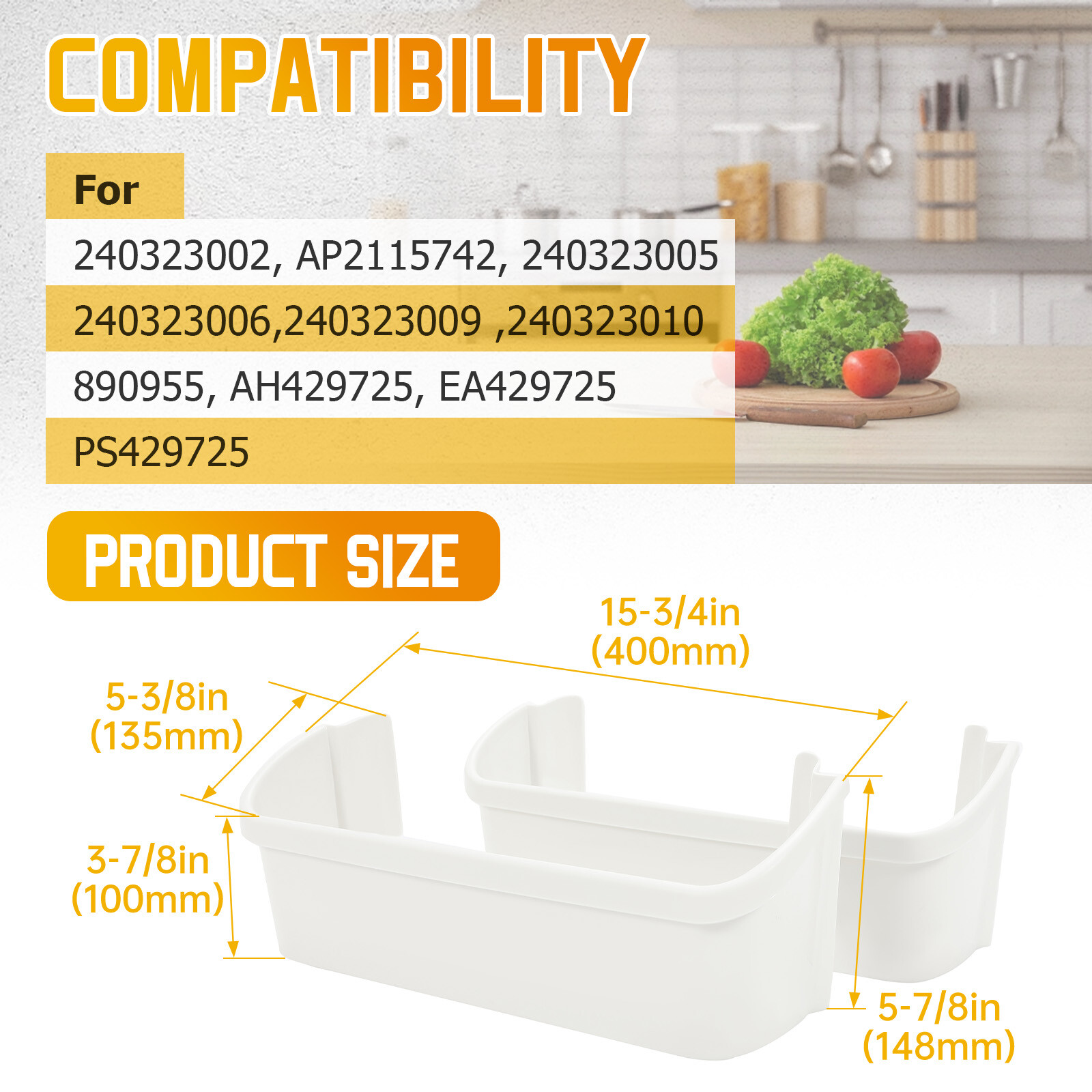 2-Pack 240323001 Door Bin Shelf White Lower ABS For Frigidaire Refrigerator