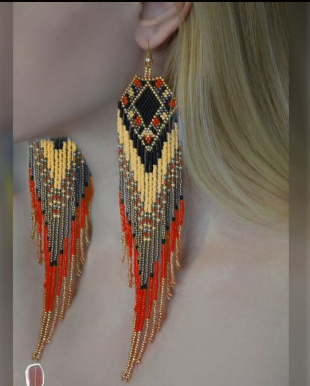 Tribal Earrings Native Large Boho American Seed Beads Handmade Earring