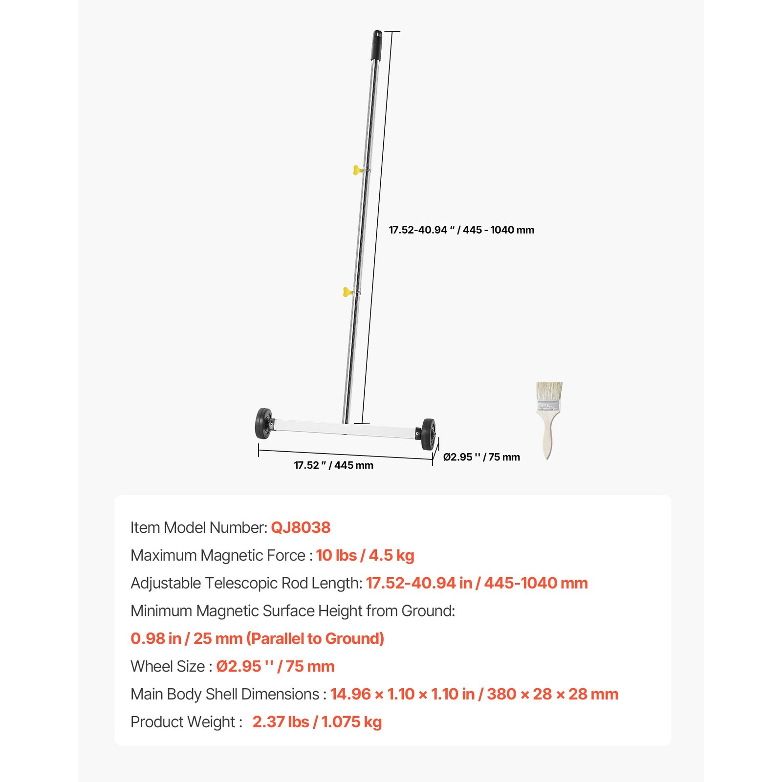 17" Rolling Magnetic Sweeper Picks up Tools Nails Screws Clips 10 lbs Capacity