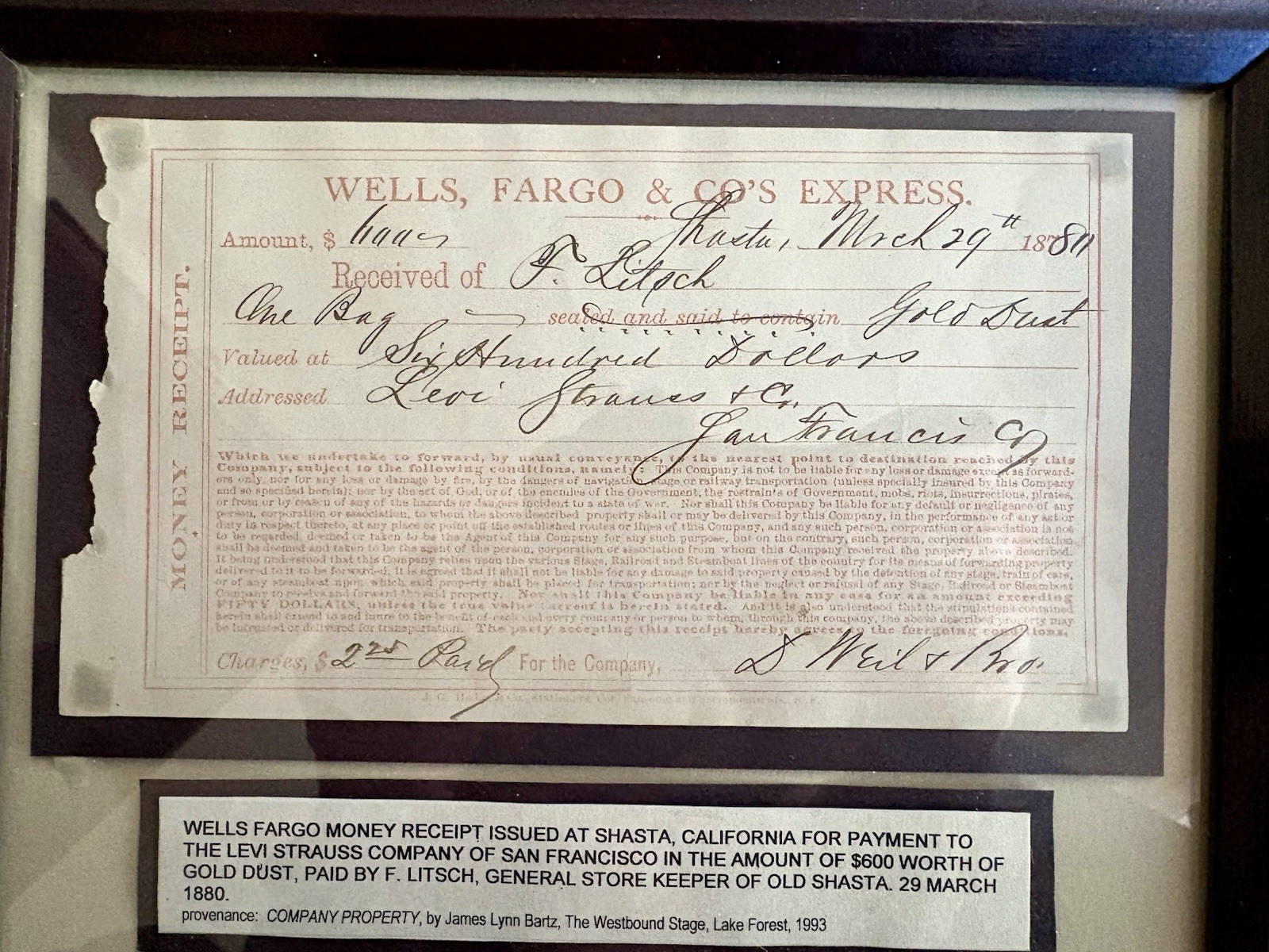 Wells Fargo & CO’s Express Receipt for Payment In Gold Dust to Levi Strauss Co