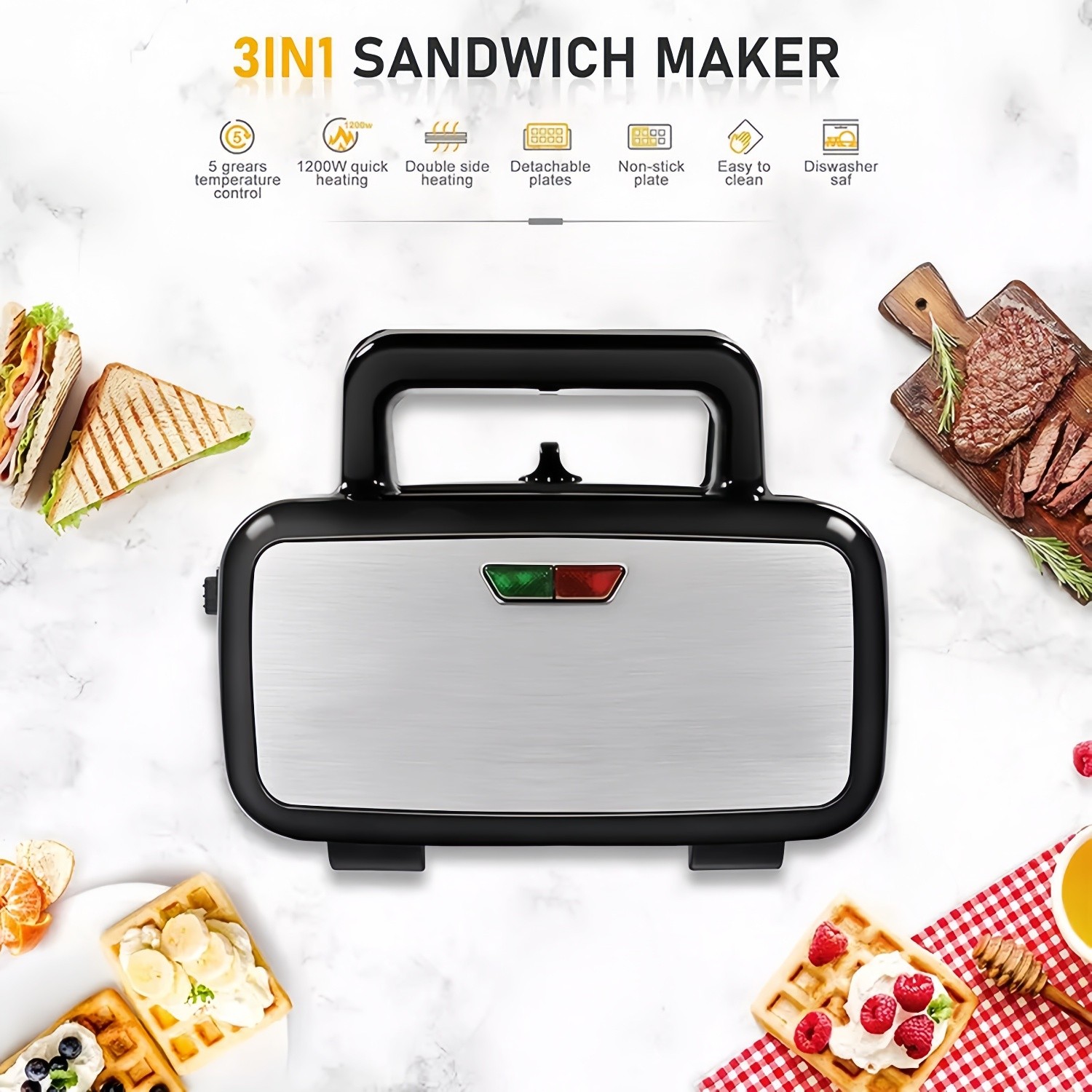 1Pack 3-In-1 Belgian Waffle Maker Machine Sandwich Iron Non-Stick Plate 1300W