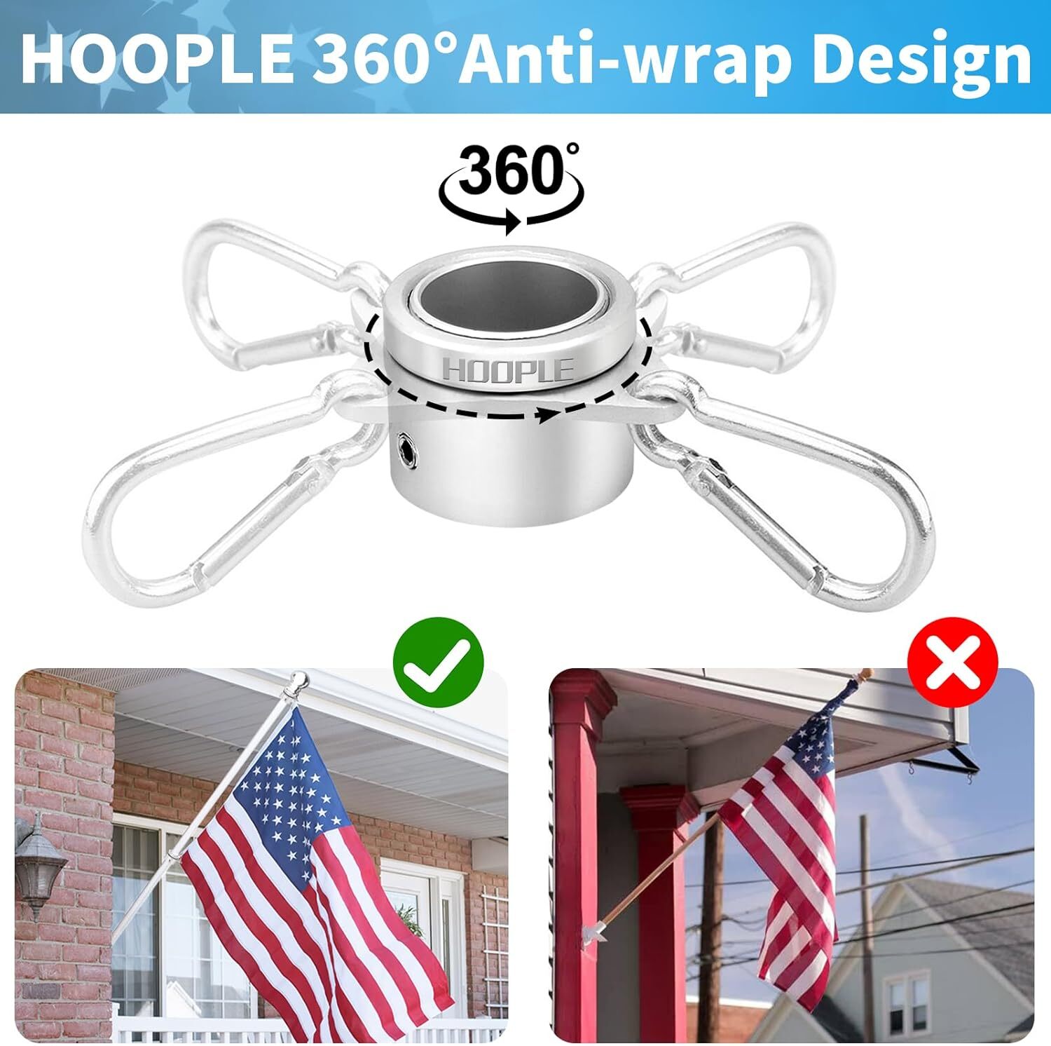 2pcs Flag Pole Ring Aluminum Alloy for 0.75-1 in Pole 360° Rotating Tangle Free
