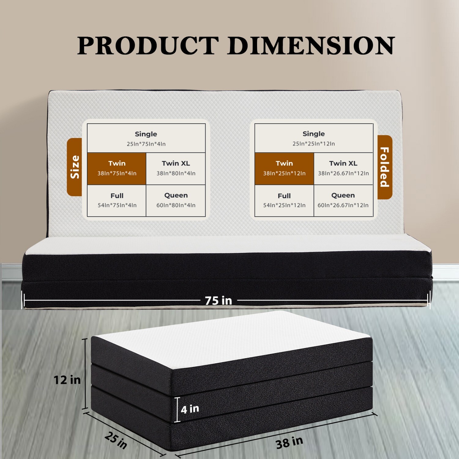 4" Tri-fold Memory Foam Mattress, Foldable Portable Floor Bed,Washable Cover