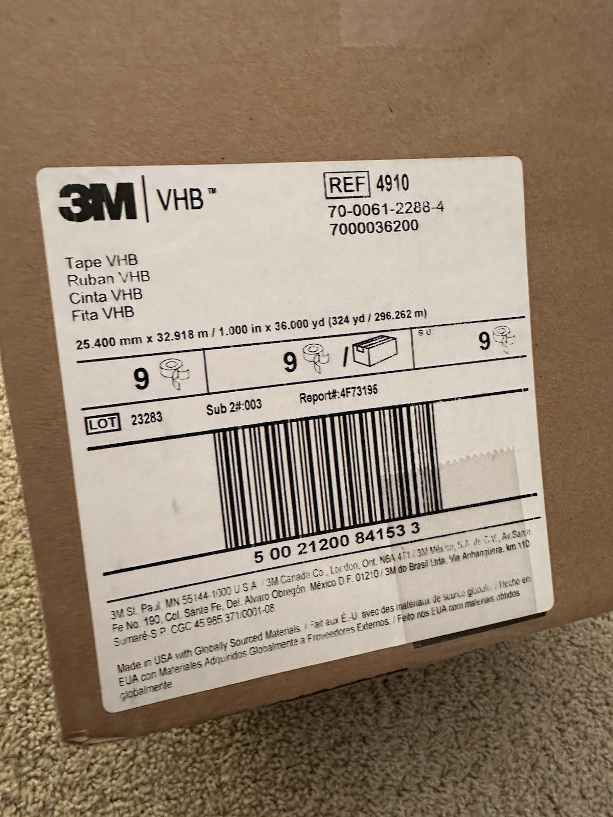 3M VHB Tape 4910 - Clear - 1.000in x 36yd - CASE OF (9) ROLLS - 324yd / 296.262m