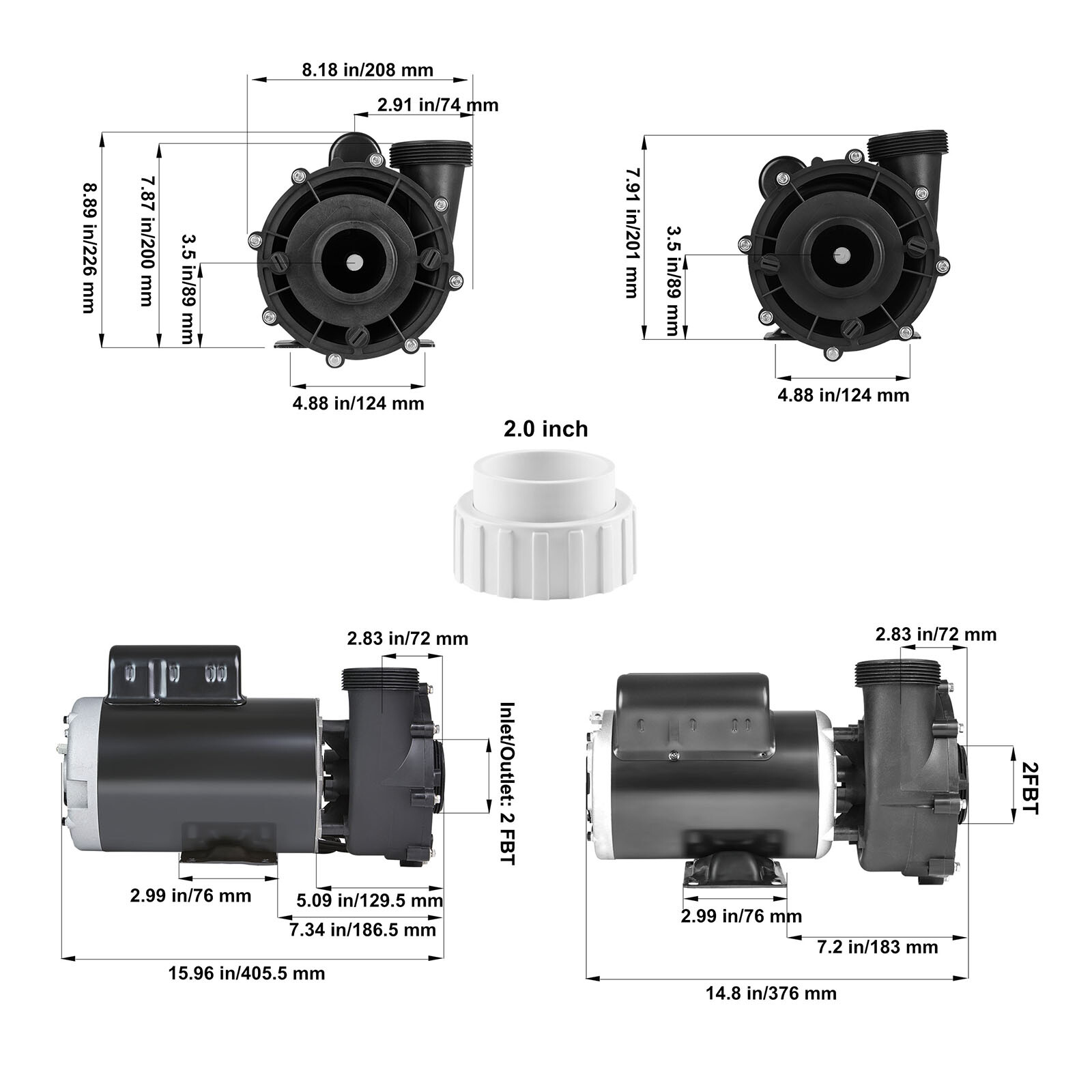 VEVOR 2 Speed SPA Pump 56/48-Frame Hot Tub Pump 3/4/1.5 HP or 0.4/0.7/0.46 HP