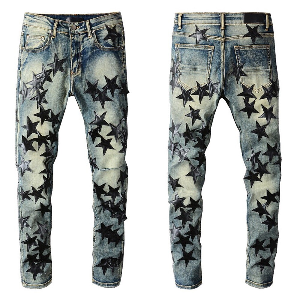 STAR PU Patchwork Men's Ripped Skinny Stretch Denim Jeans