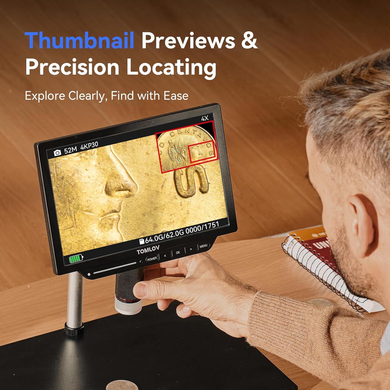 TOMLOV 4K LCD Digital Microscope 2000X 10.1'' HDMI Coin Microscope 52MP Spin Arm