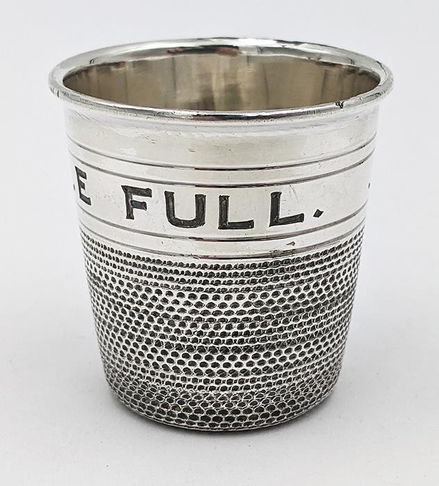 WILLIAM HUTTON SILVER PLATE 'JUST A THIMBLE FULL' SPIRIT MEASURE c1900