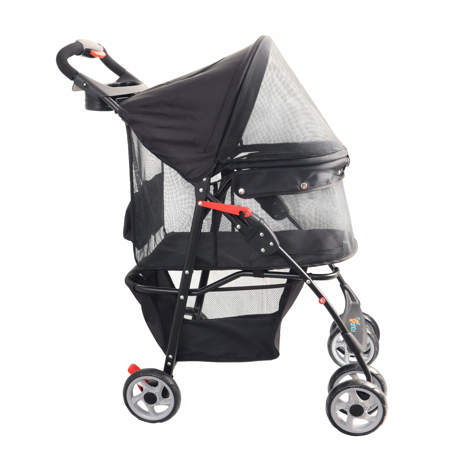 Full-Window Pet Stroller 4 Wheels for Cats & Dogs, with Storage Basket.