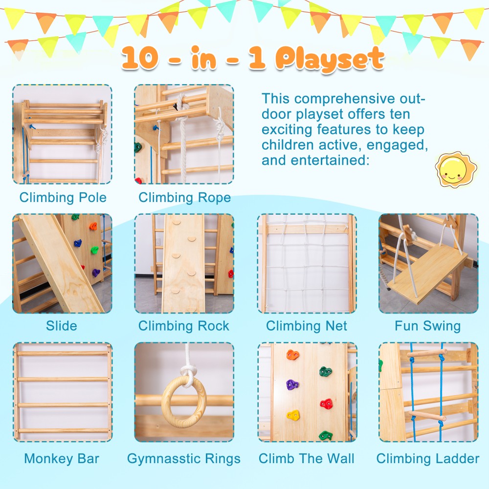 Indoor Climbing Set Rock Climbing Wall Wooden Swings Gymnastic Rings Rope Ladder