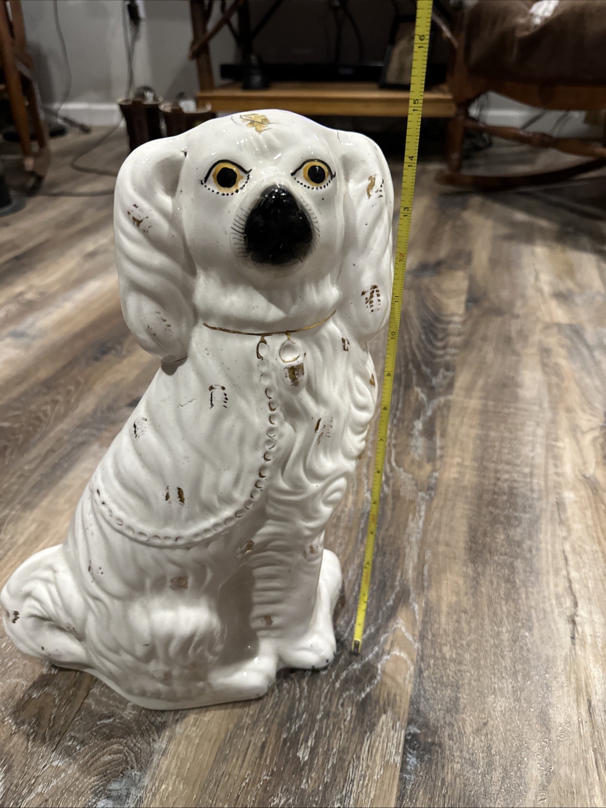 19thC STAFFORDSHIRE WHITE & GILT SEATED SPANIEL DOG Large 15 Inches Tall Rare