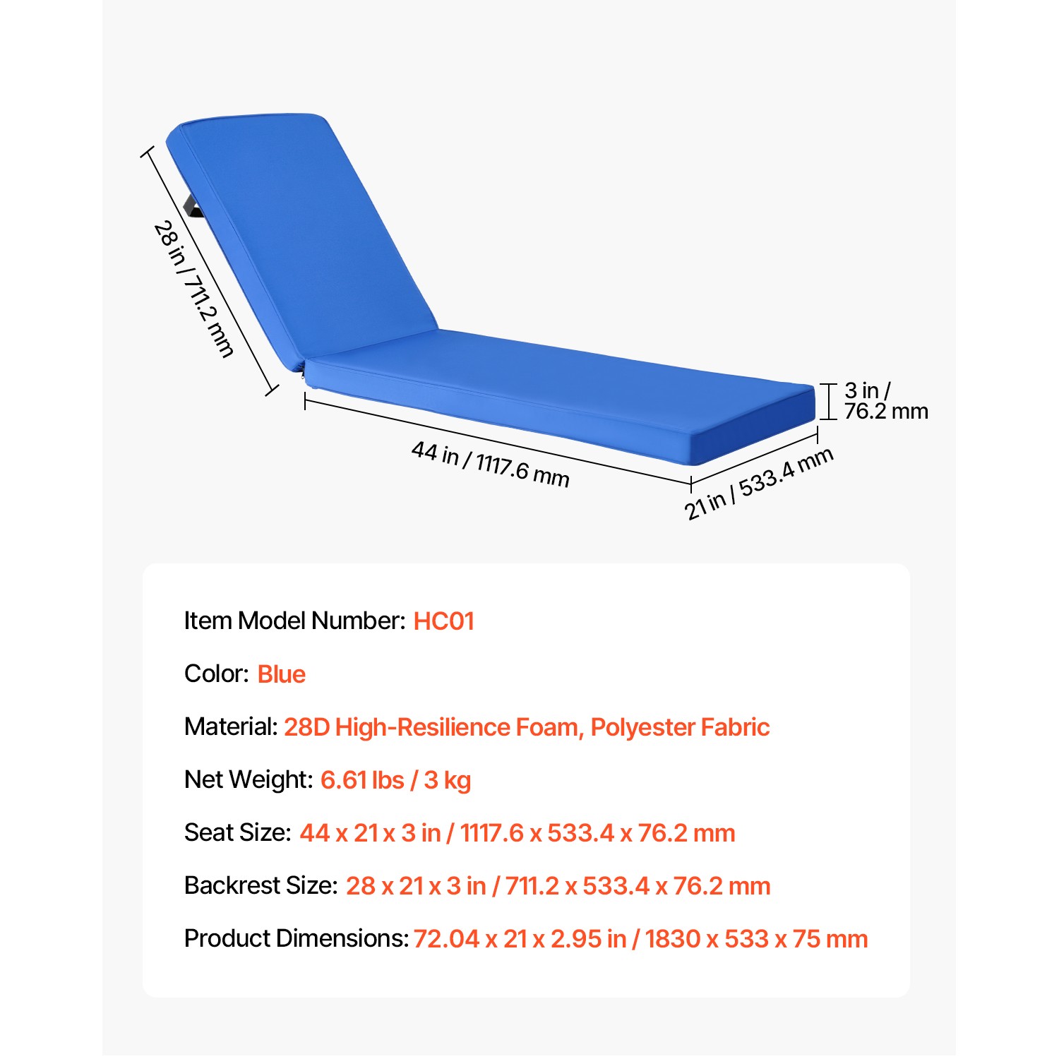 Uimoso Outdoor Lounge Chair Cushion with Ties, 72 x 21 in, Waterproof & Durable