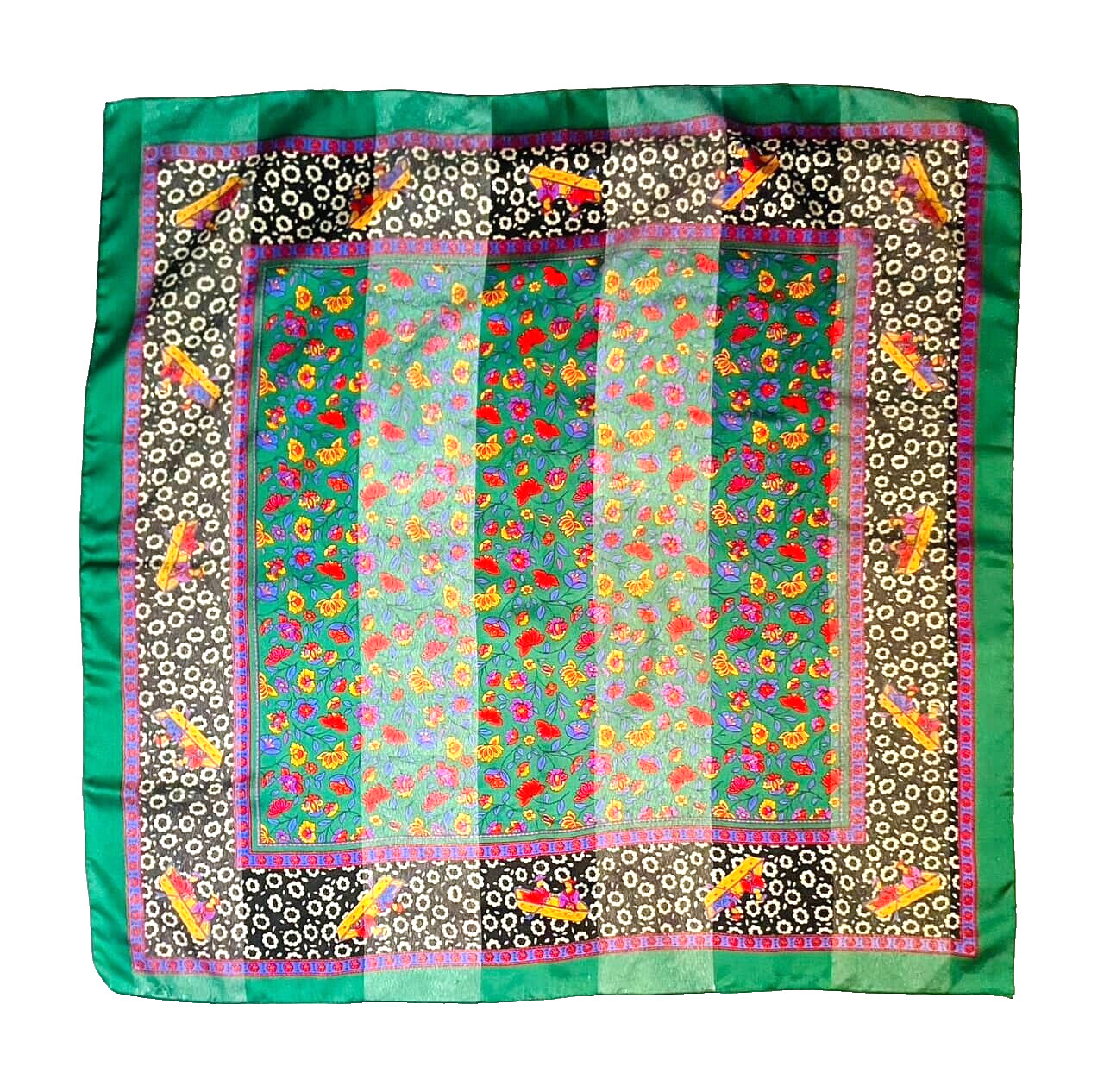 VTG Italy Square Scarf Asian Motif Couple in Boat Lotus Flowers Green 31x31"