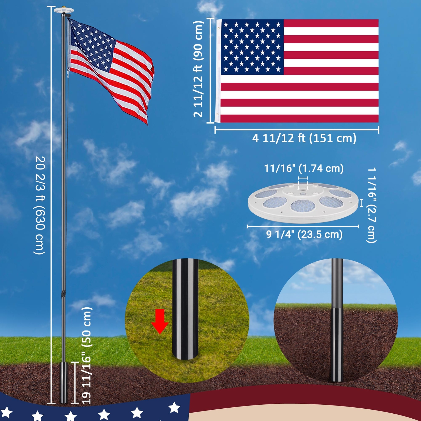 Yescom Bravery 20ft LED Solar Light Sectional Flag Pole Kit Outside Black