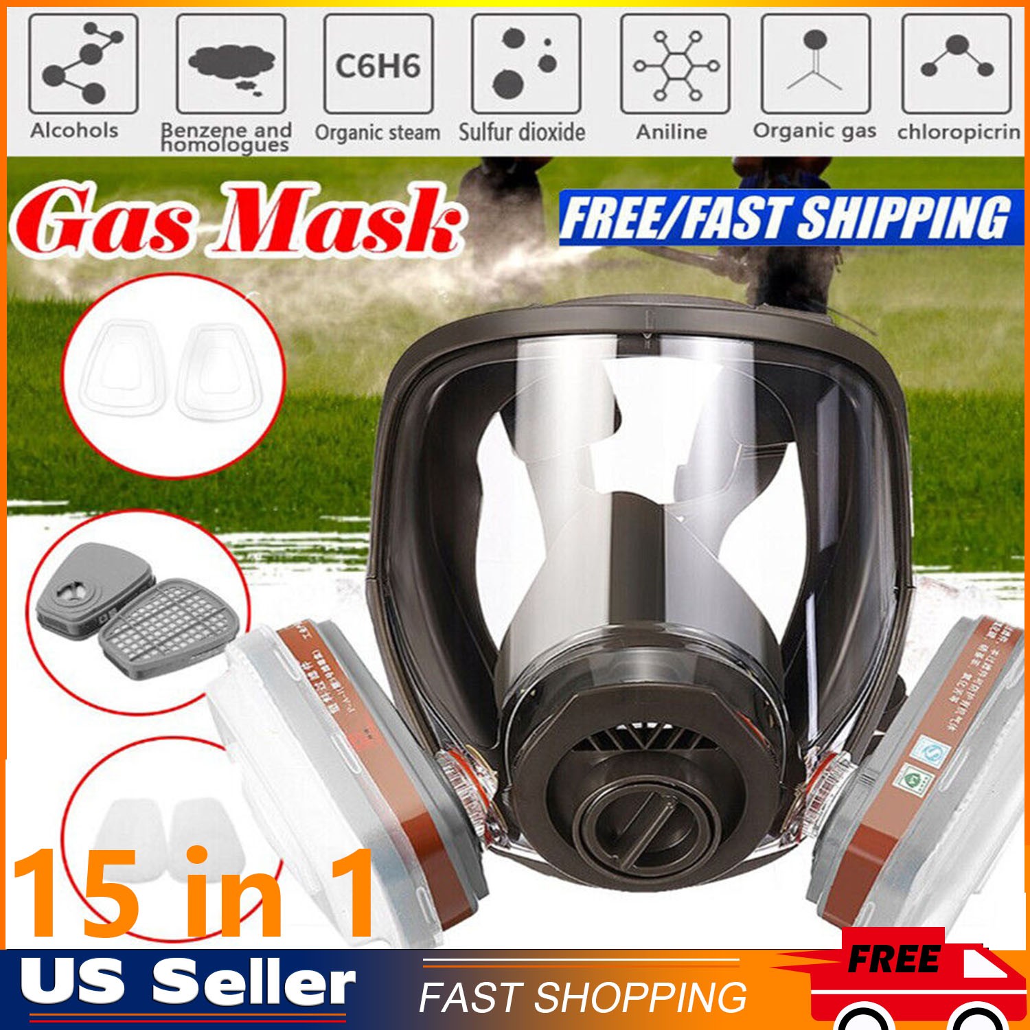 15 IN 1 Gas Mask Full Face Respirator Paint Spray Chemical Facepiece Safety 6800