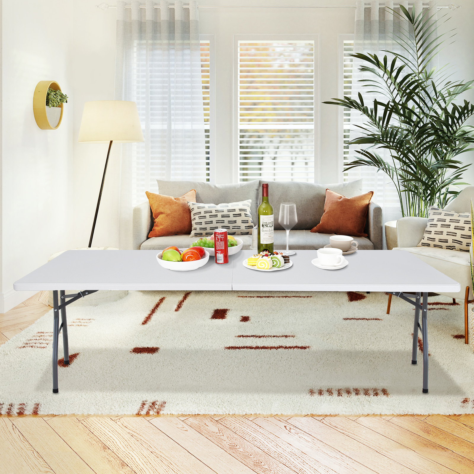 8FT Folding Table Fold-in-Half Plastic Dining Picnic Table for Outdoor w/ Handle