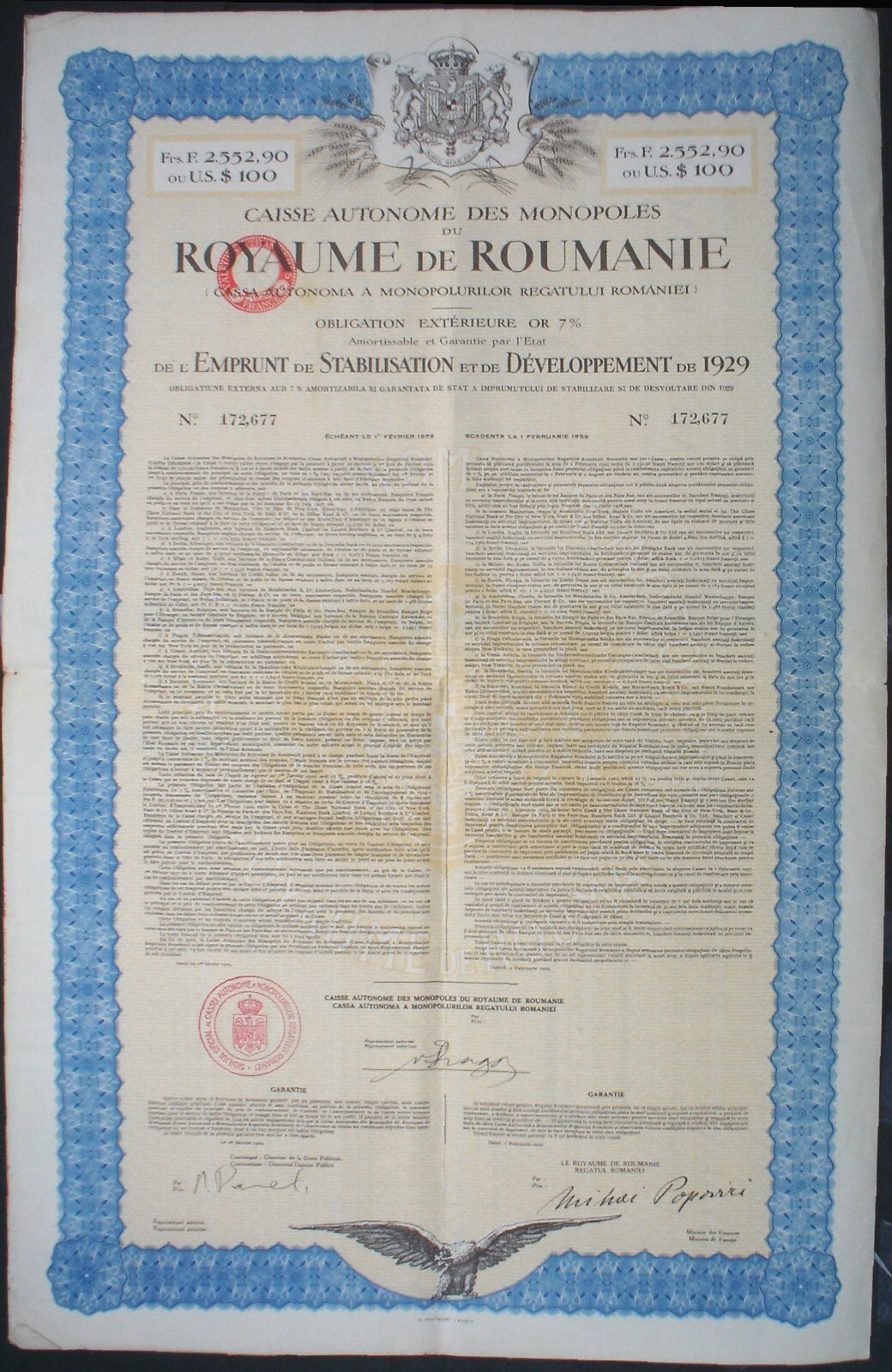 Kingdom of Romania 100 US$ Monopolies Inst. Gold Bond to Bearer uncanc. coupons