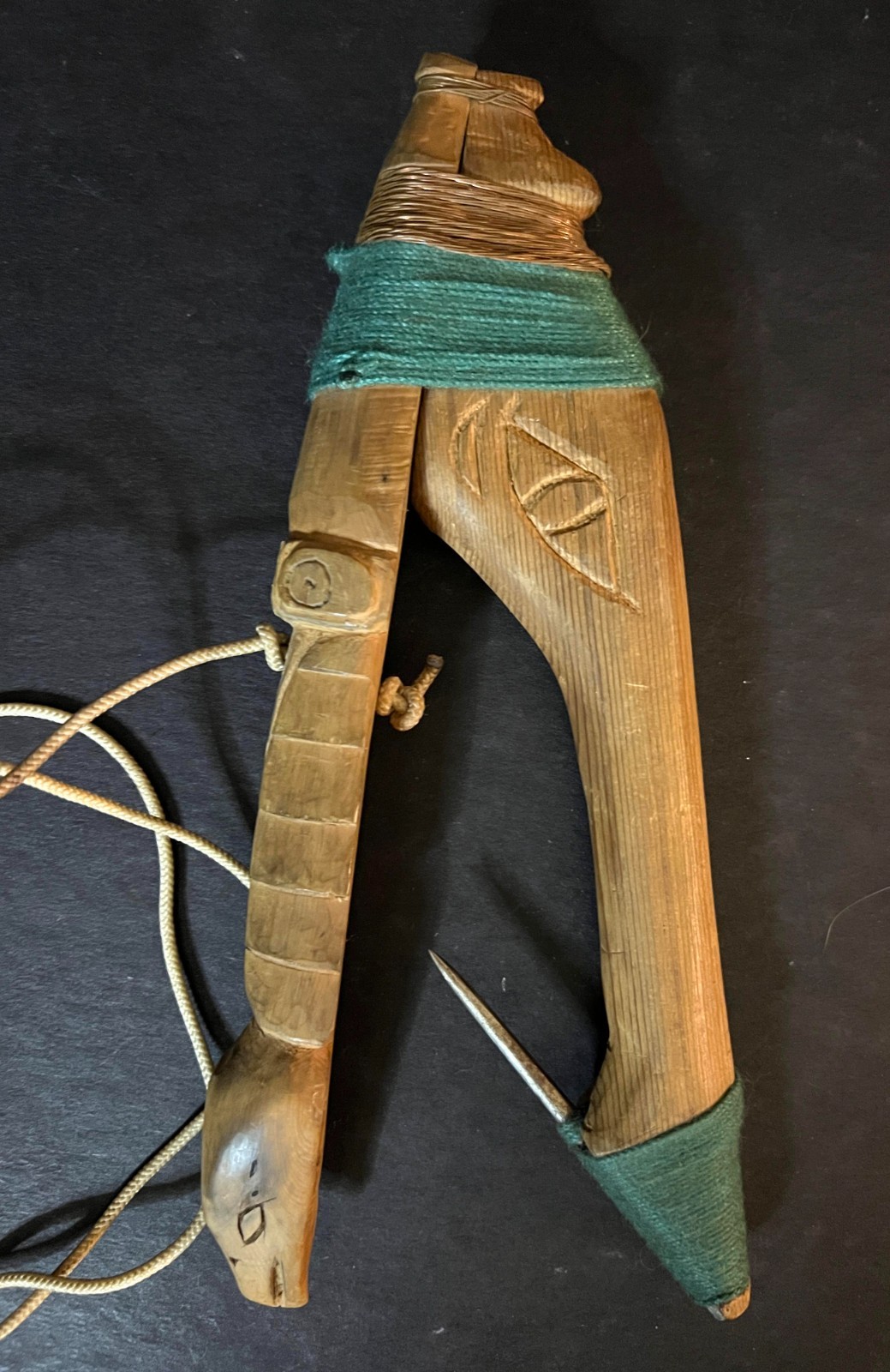 HAIDA-TLINGIT ANTIQUE HALIBUT HOOK w/Carved Totems Vintage Native Fishing