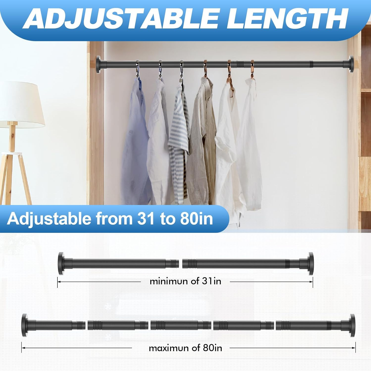 31-80 Inch Tension Shower Curtain Rod Stainless Steel Adjustable Black