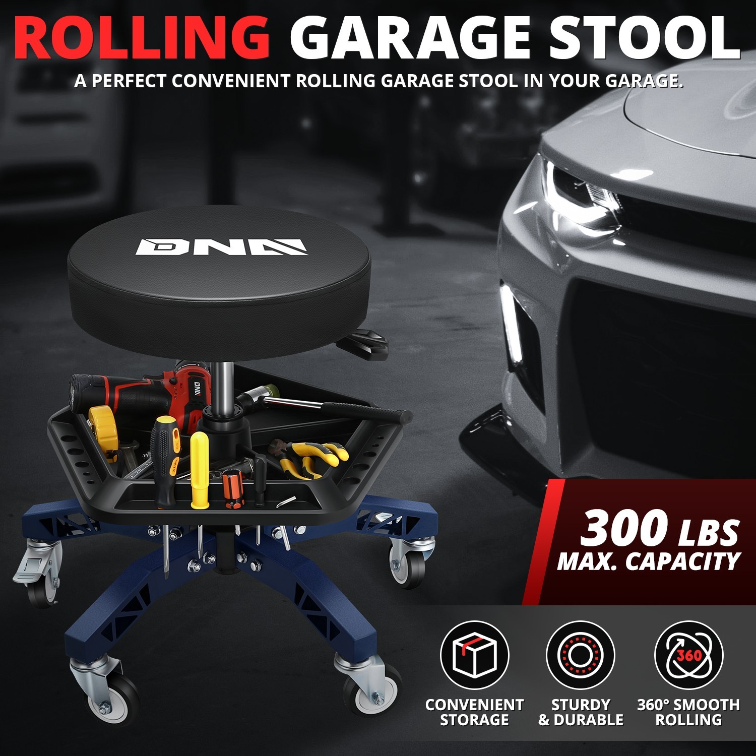 Heavy Duty Swivel Mechanics Rolling Seat Garage Stool Work Shop w/Tool Tray Blue