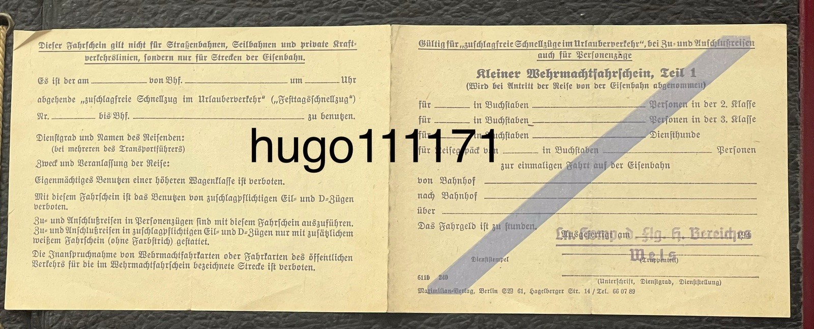 One German ww2 Dokument Wehrmachtfahrschein Official railway travel document