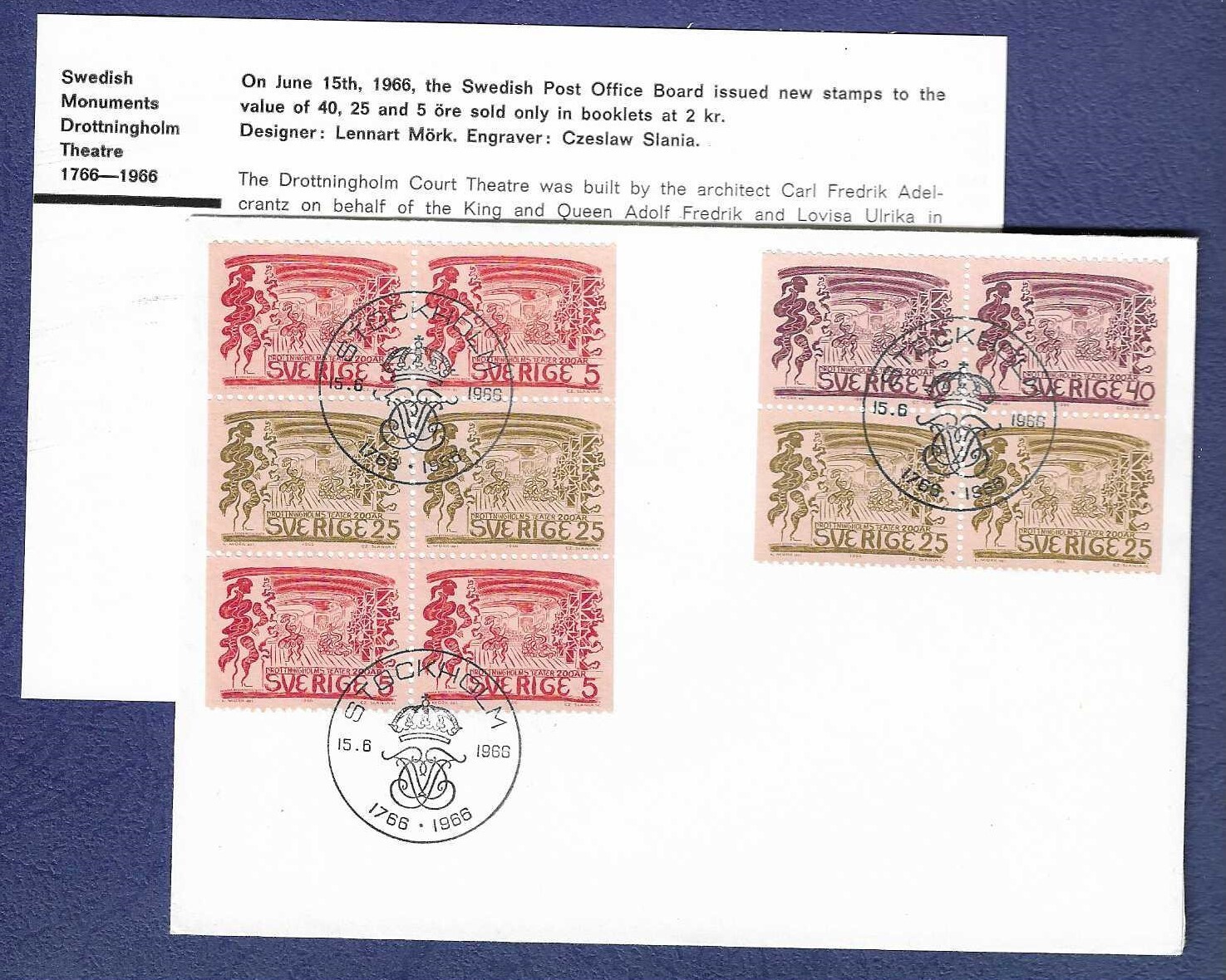 1966 Sweden FDC "Drottningholm Court Theatre" Sc. #706a Slania engraver