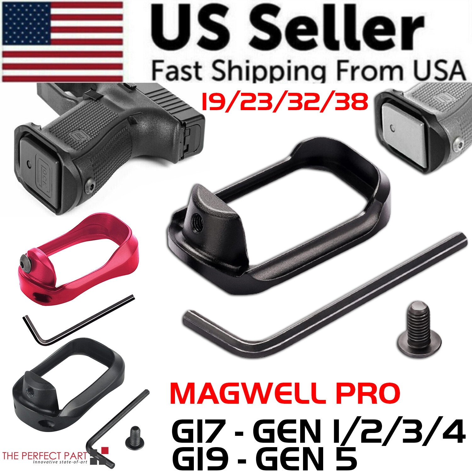 Anodized Aluminum Flared Magwell For Glock 19/17/22/24/31/34/35/37 Gen 1/2/3/4/5