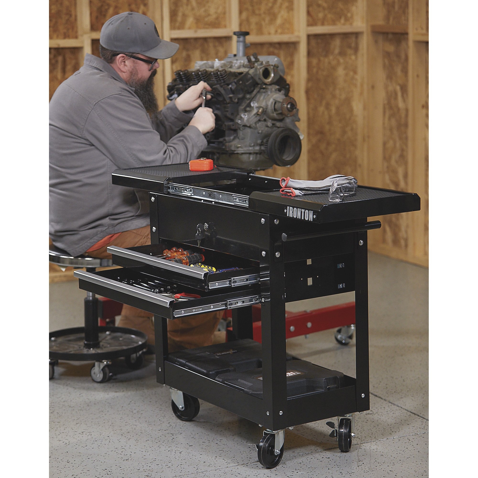 Ironton 28in. 2-Drawer Tool Cart, 30-1/2in.L x 14-1/2in.W x 33in.H, 350-Lb.