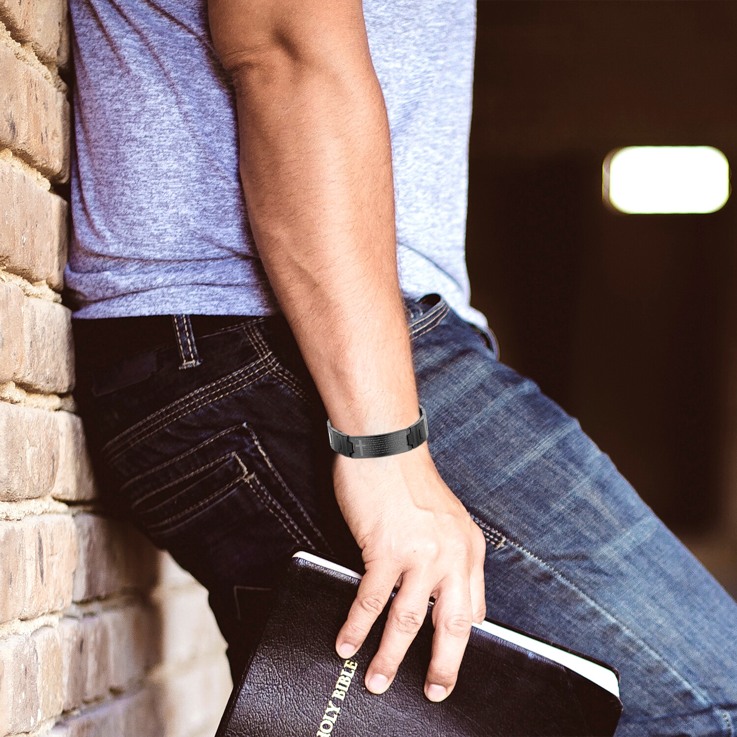 Men Black Stainless Steel Christ Cross English Bible Lords Prayer Chain Bracelet