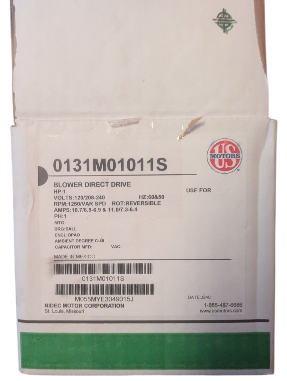 US Motors Furnace Blower Motor 1/2 HP Motor Model M055PWCVT-0344