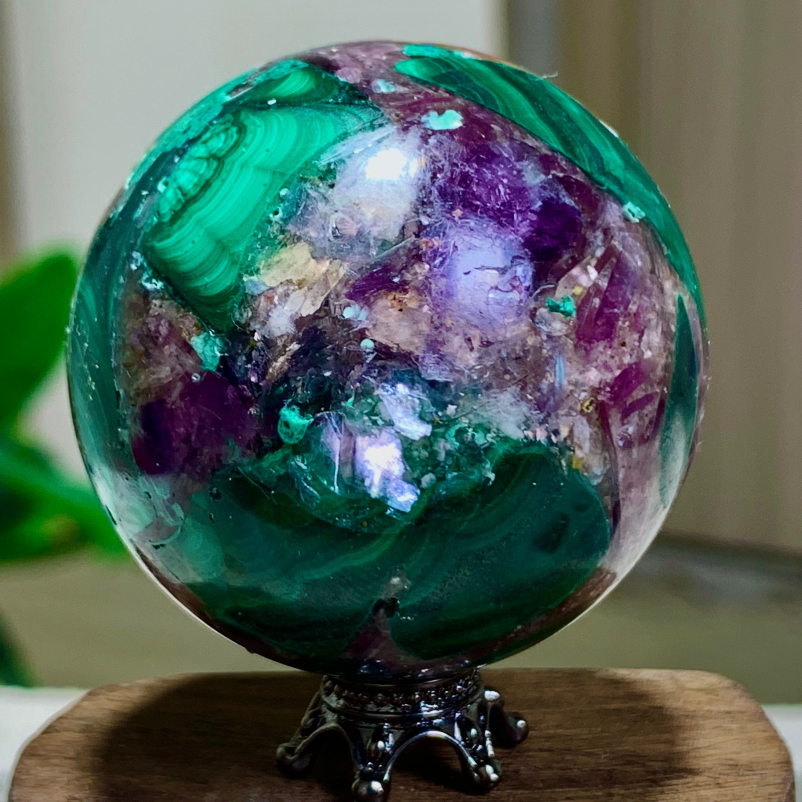 129G Newly discovered rare malachite purple mica symbiotic sphere restoration