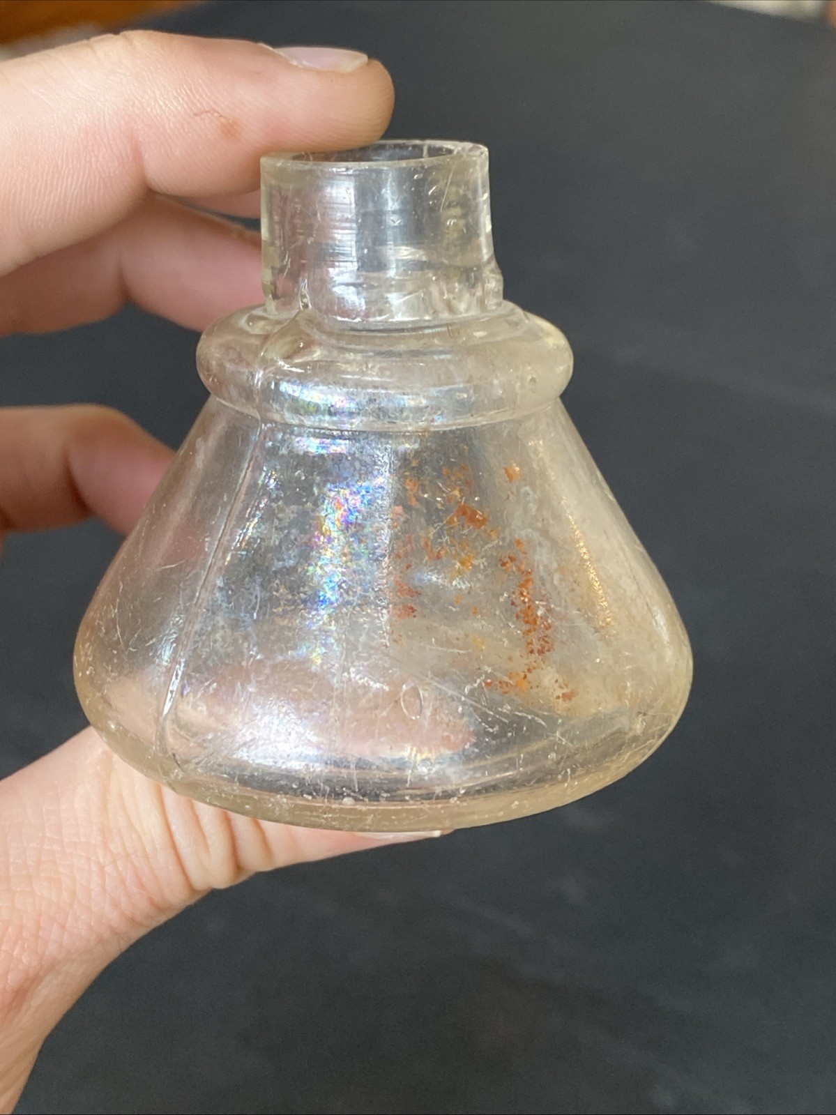 Antique Iridescent Clear Sheered Lip Cone Ring Shoulder 19th C Ink Well Bottle